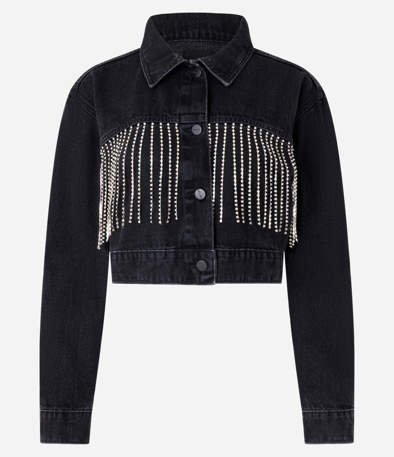 Jaqueta Cropped em Jeans com Franjas de Strass Preto 1