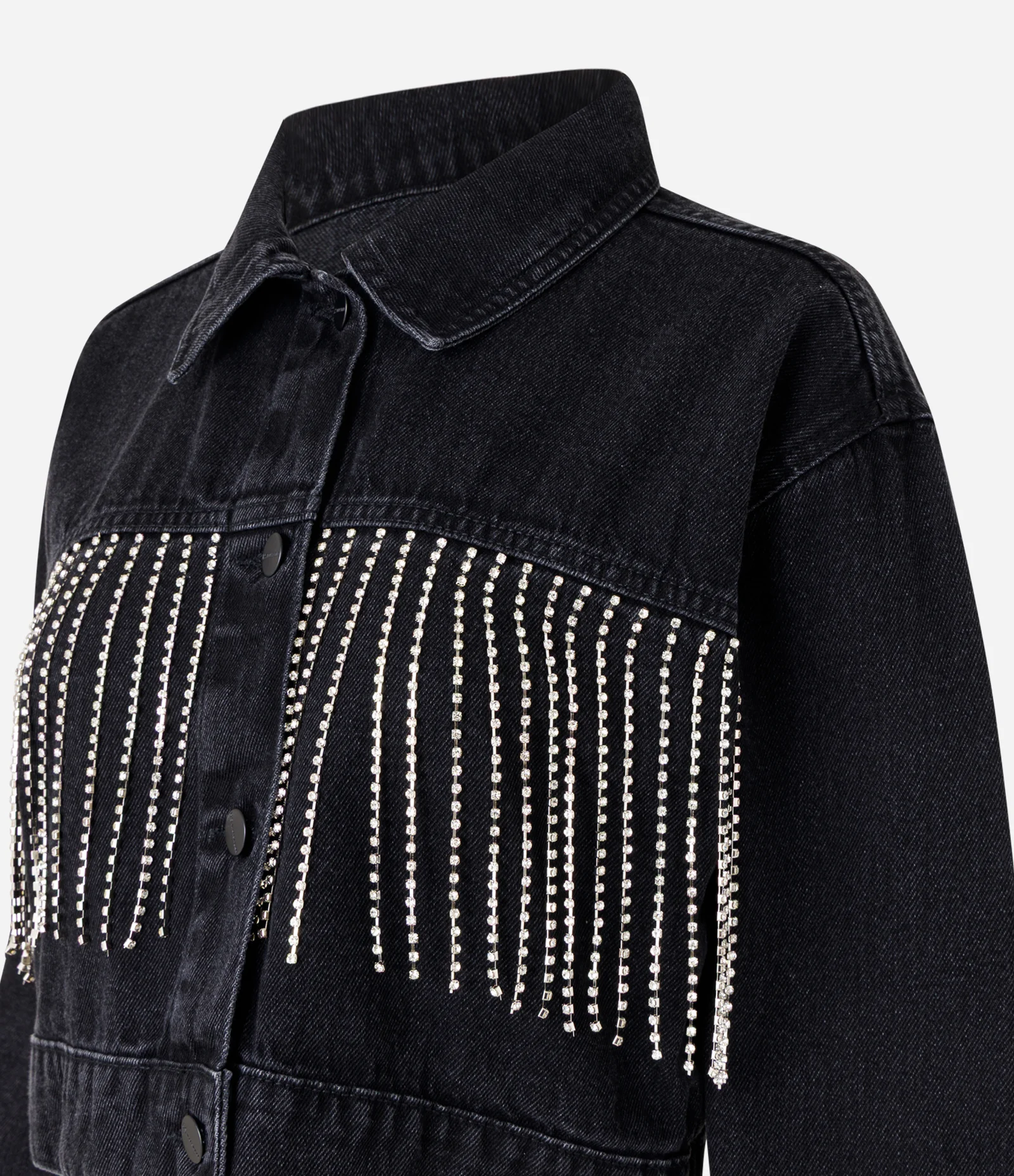 Jaqueta Cropped em Jeans com Franjas de Strass Preto 2