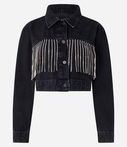 Jaqueta Cropped em Jeans com Franjas de Strass