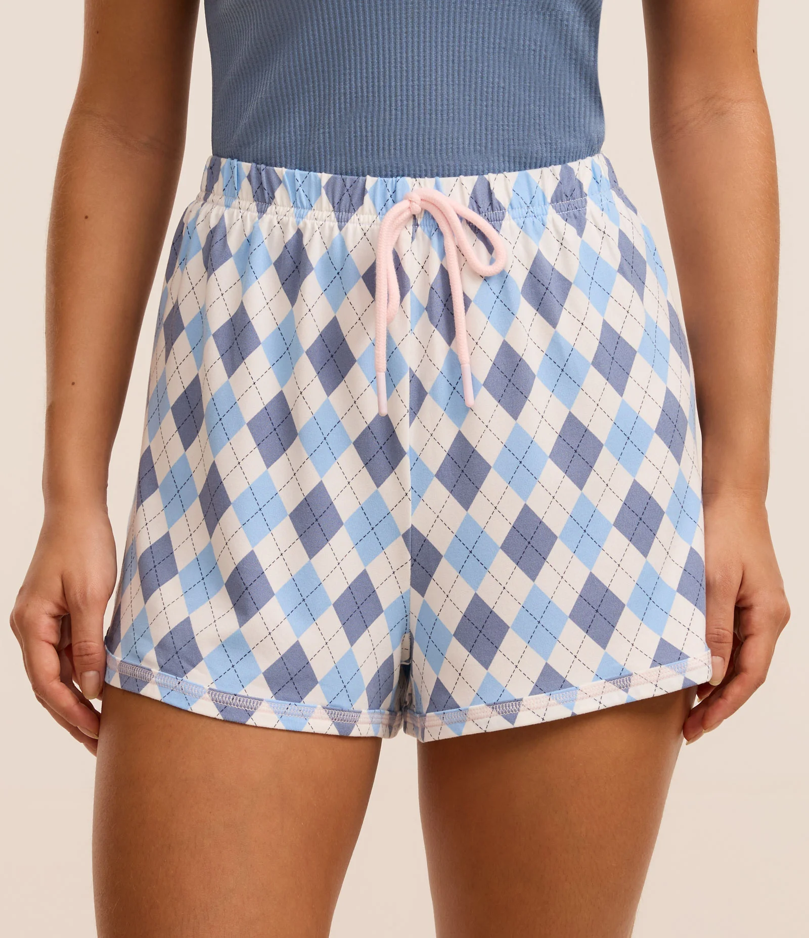 Short de Pijama em Peach Touch com Estampa de Losangos e Amarração na Cintura Azul 2