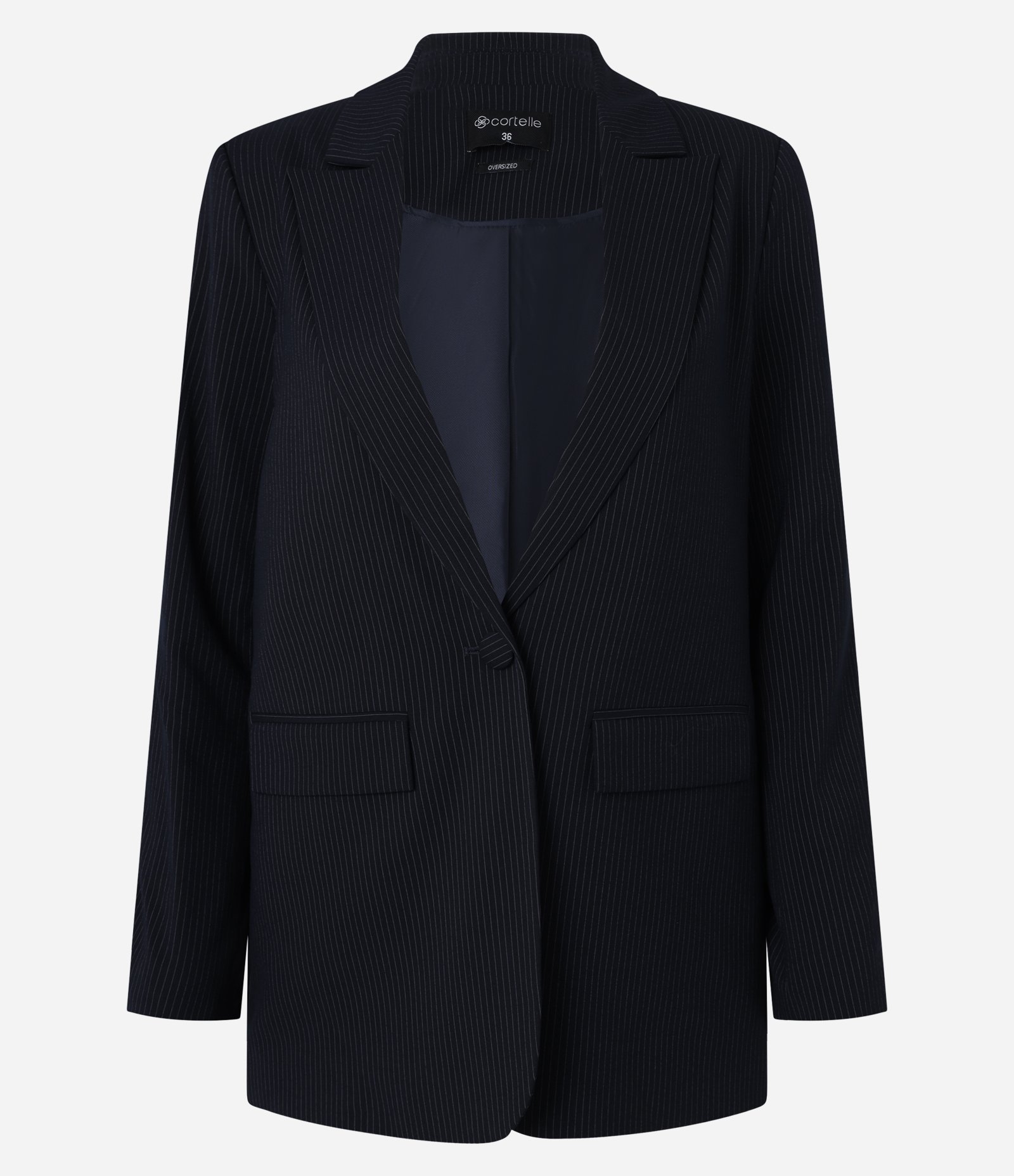 Blazer Oversized Alfaiatado com Risca de Giz e Fechamento Simples Azul Escuro 5