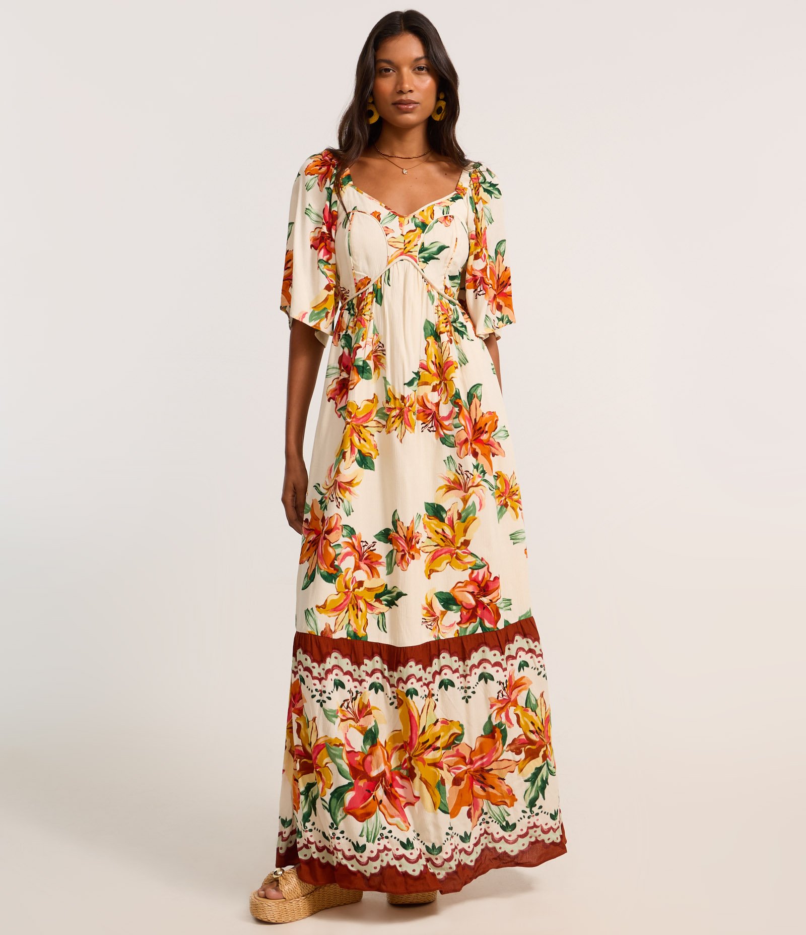 Vestido New Midi em Crepe com Lastex e Estampa Floral Bege 2