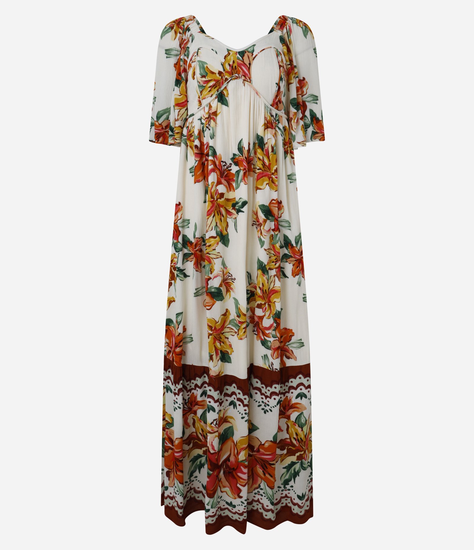 Vestido New Midi em Crepe com Lastex e Estampa Floral Bege 6