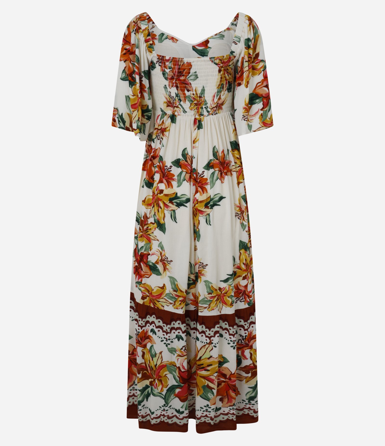 Vestido New Midi em Crepe com Lastex e Estampa Floral Bege 7