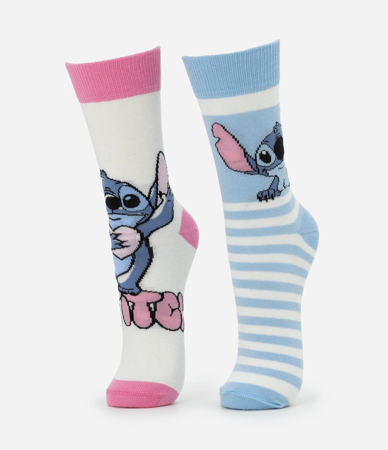 Kit 02 Meias Cano Alto em Algodão com Estampa do Stitch Azul/Rosa 2