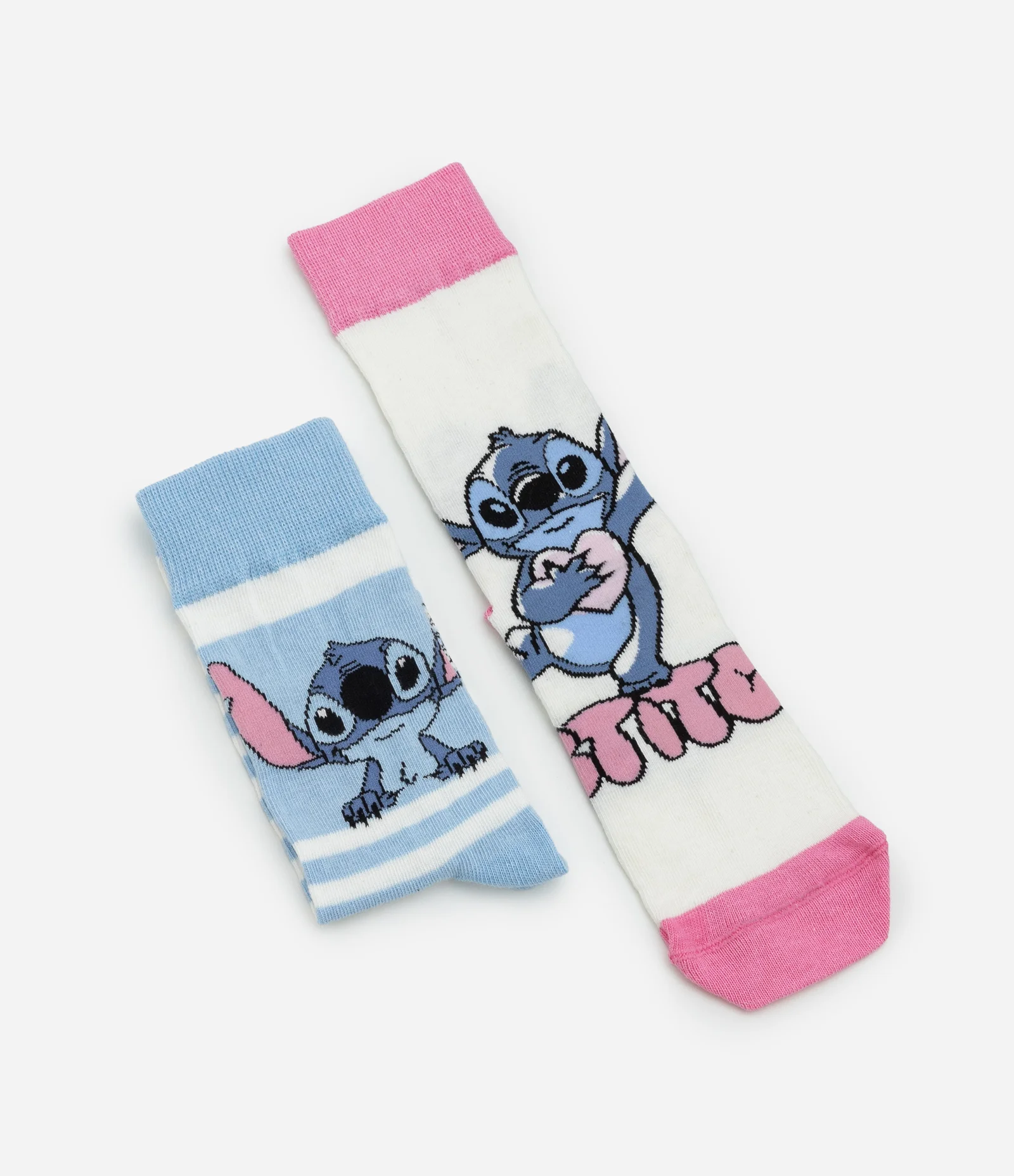 Kit 02 Meias Cano Alto em Algodão com Estampa do Stitch Azul/Rosa 1