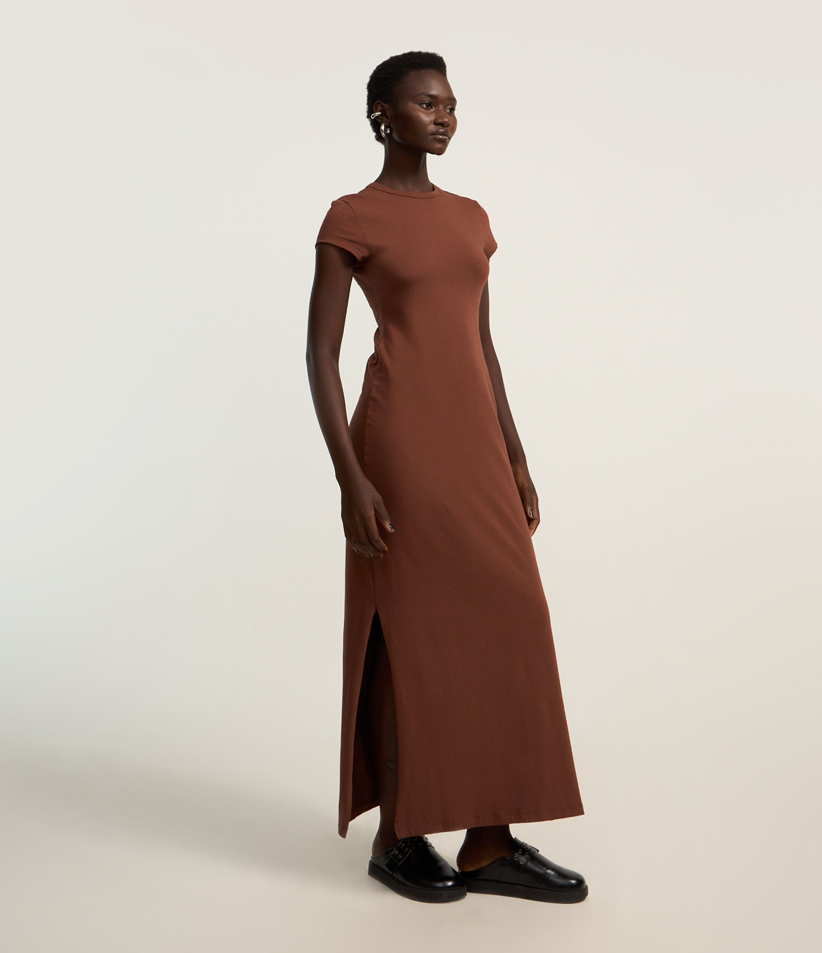 Vestido Longo em Algodão com Manga Curta Marrom 2