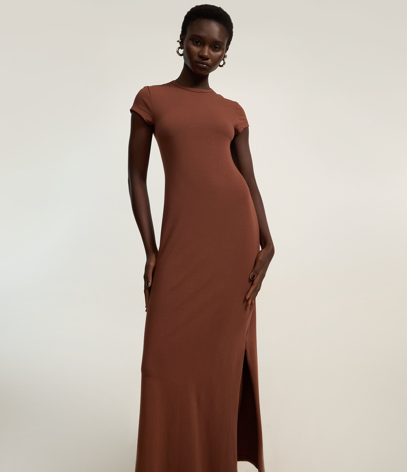 Vestido Longo em Algodão com Manga Curta Marrom 3