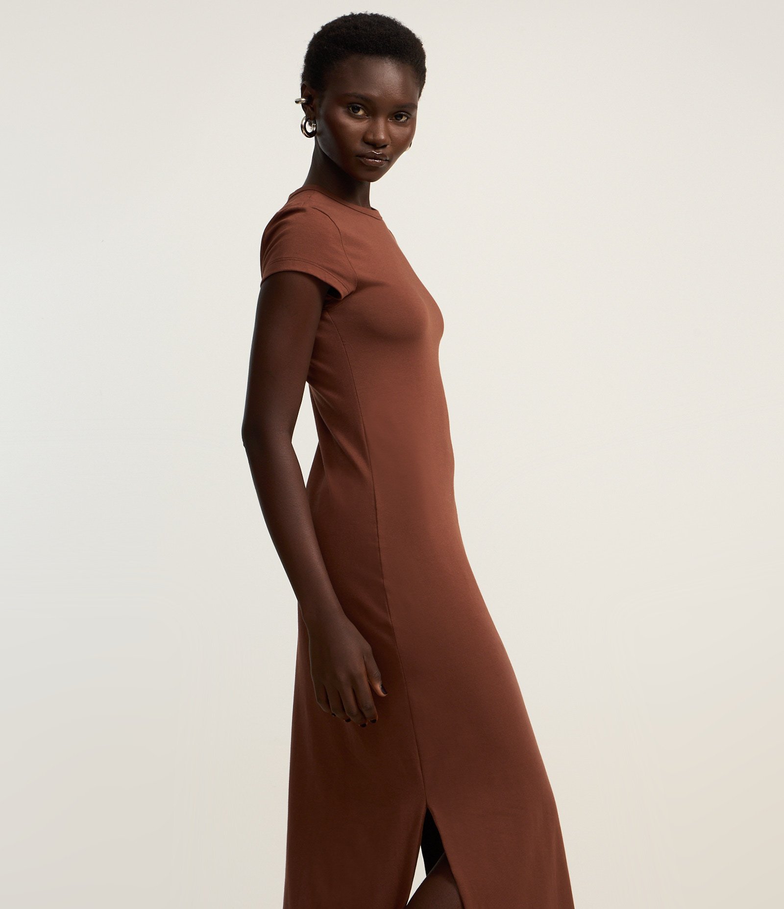 Vestido Longo em Algodão com Manga Curta Marrom 4