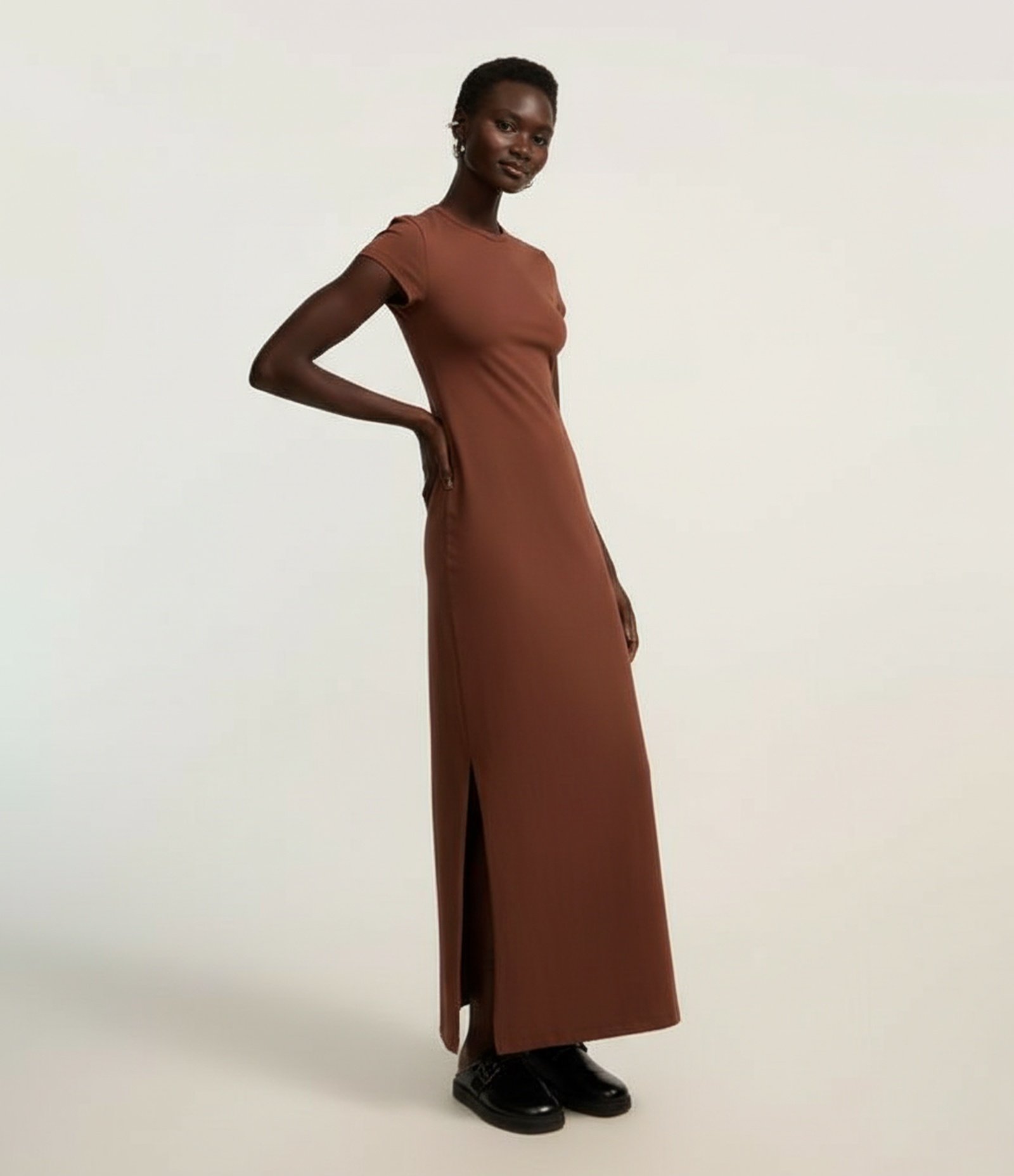 Vestido Longo em Algodão com Manga Curta Marrom 5