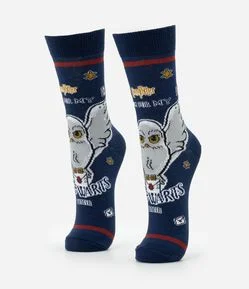 Meia Cano Alto em Algodão com Estampa Coruja Edwiges Harry Potter