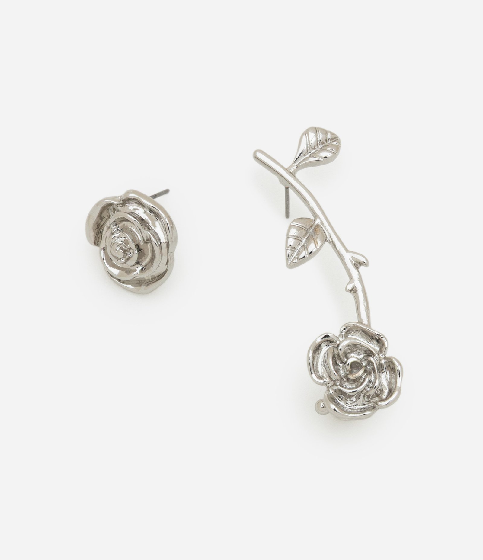 Brinco Ear Cuff com Forma de Rosa e Brinco Botão Prata 2