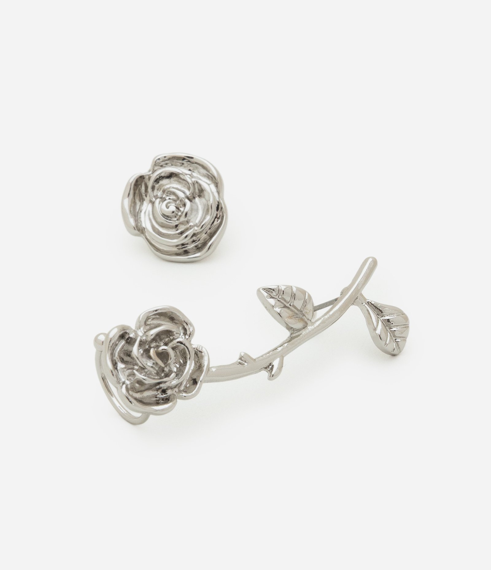 Brinco Ear Cuff com Forma de Rosa e Brinco Botão Prata 3