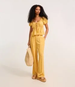 Calça Wide Leg em Viscose Twill com Cintura Alta Estampa Gravataria