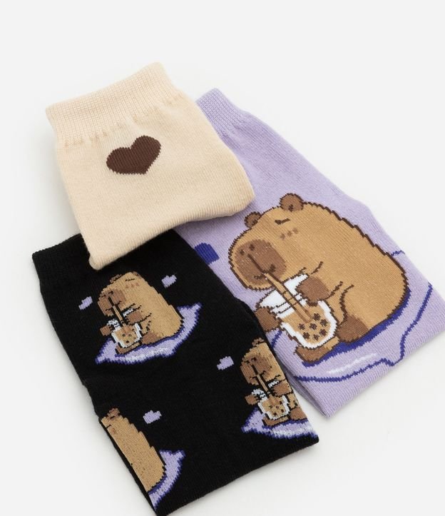 Kit 03 Meias Cano Médio em Algodão com Estampa de Capivaras e Milkshake