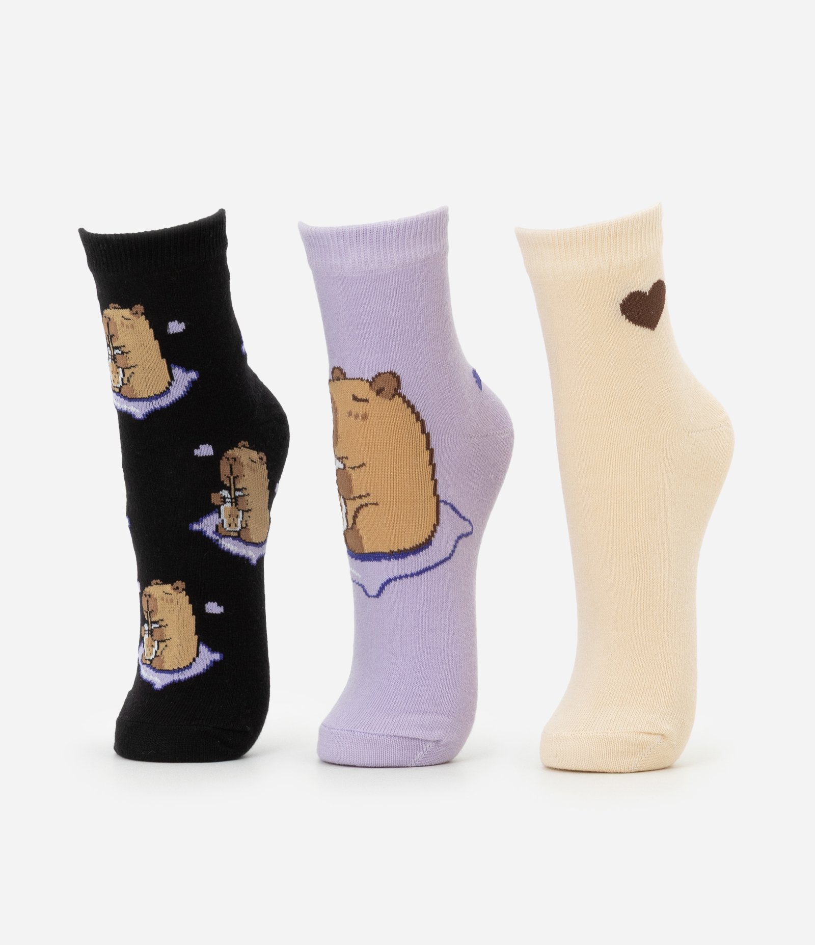 Kit 03 Meias Cano Médio em Algodão com Estampa de Capivaras e Milkshake Preto/Lilás/Bege 2