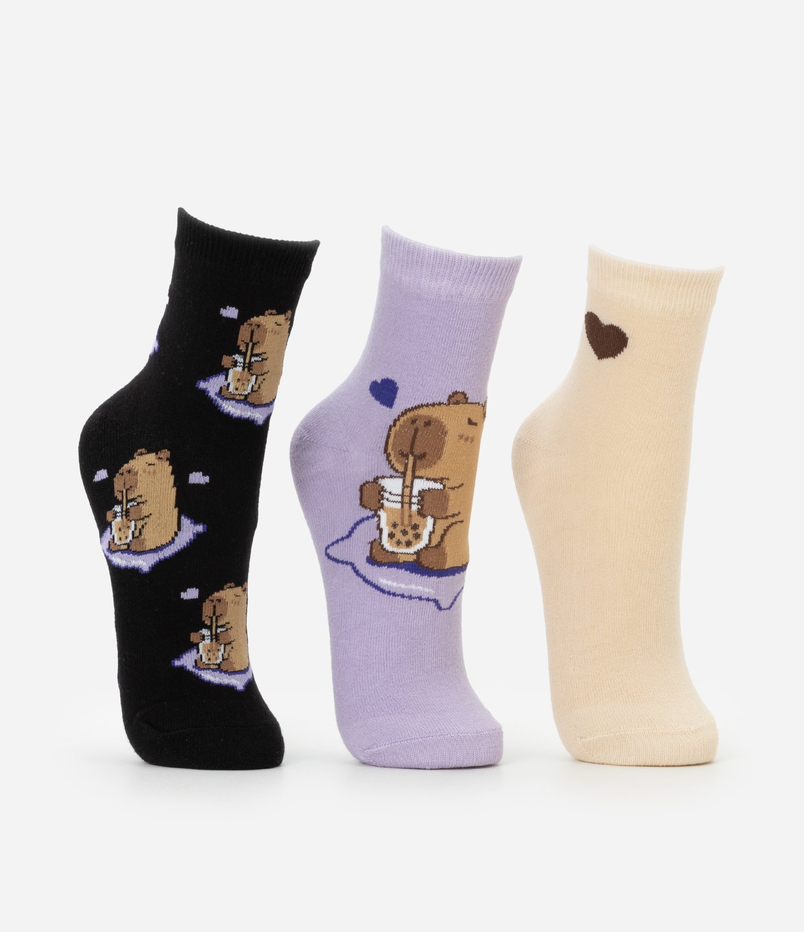 Kit 03 Meias Cano Médio em Algodão com Estampa de Capivaras e Milkshake Preto/Lilás/Bege 3