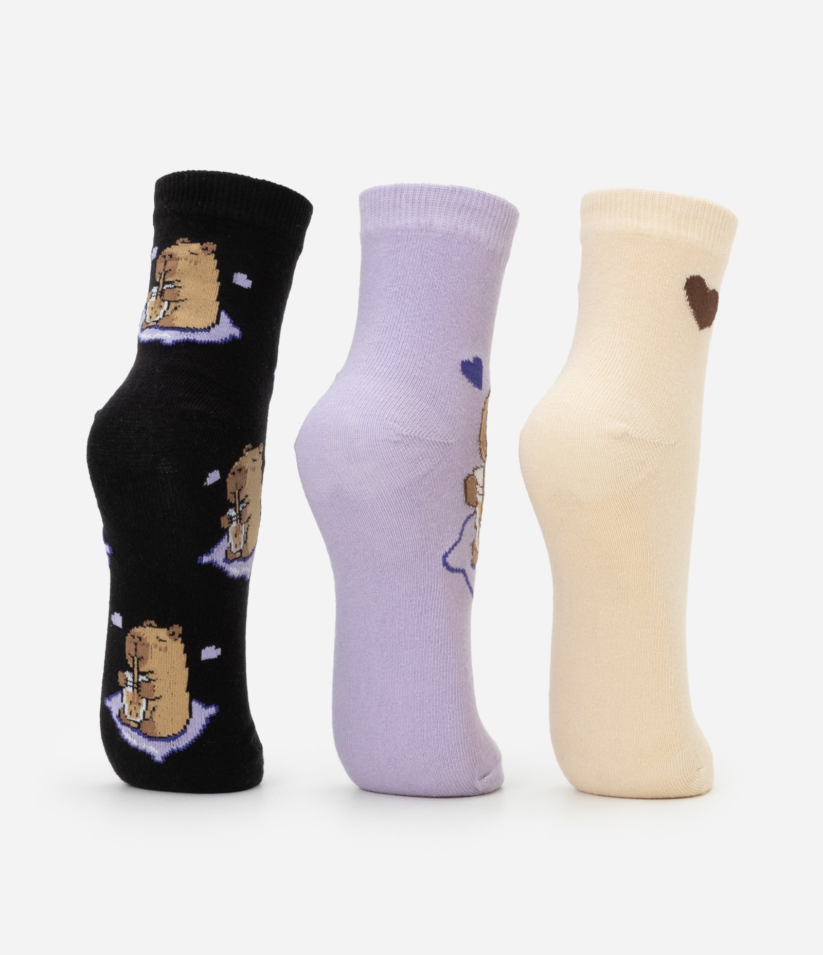 Kit 03 Meias Cano Médio em Algodão com Estampa de Capivaras e Milkshake Preto/Lilás/Bege 4