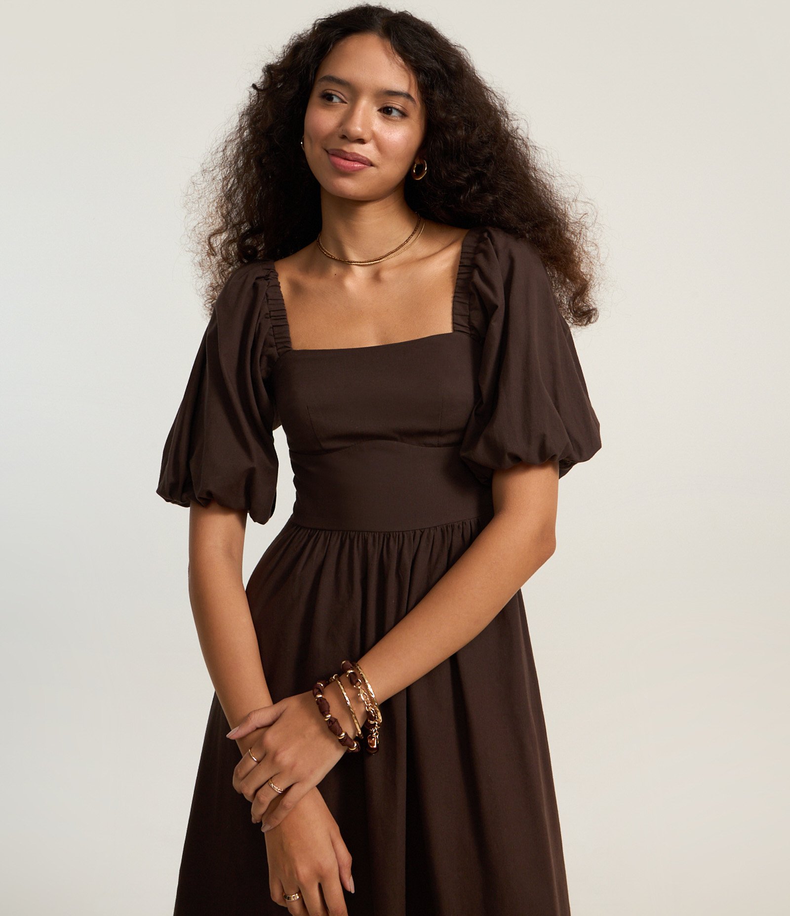 Vestido Longo em Tricoline Corsetado com Lastex nas Costas Marrom 2