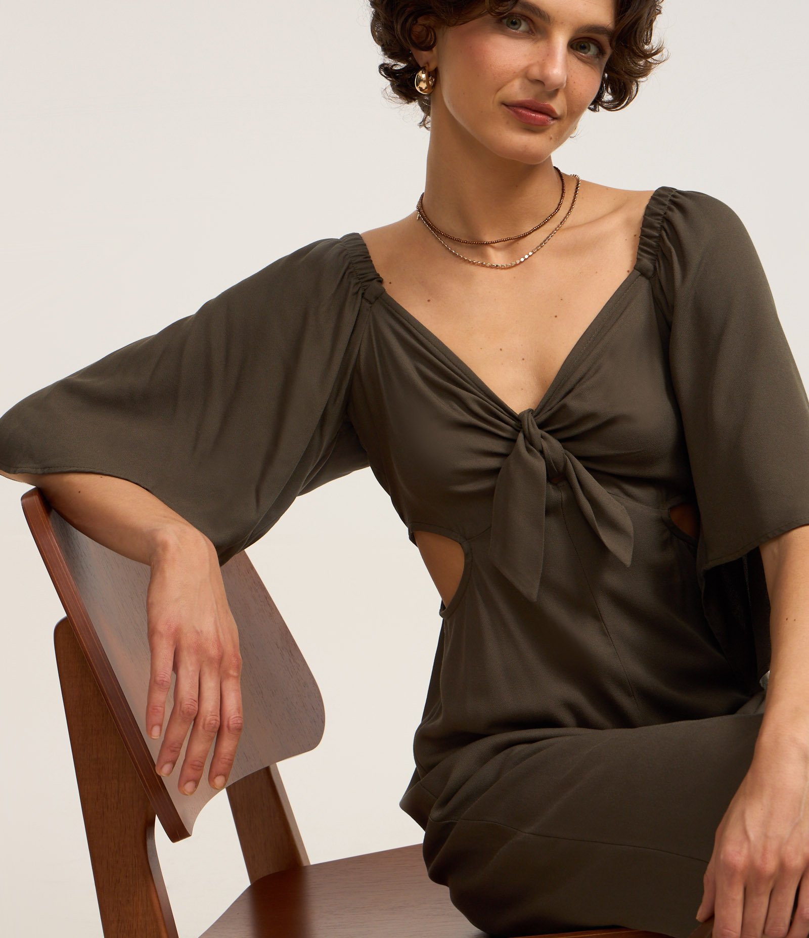 Macacão Reto Longo em Twill com Manga Godê Verde 4