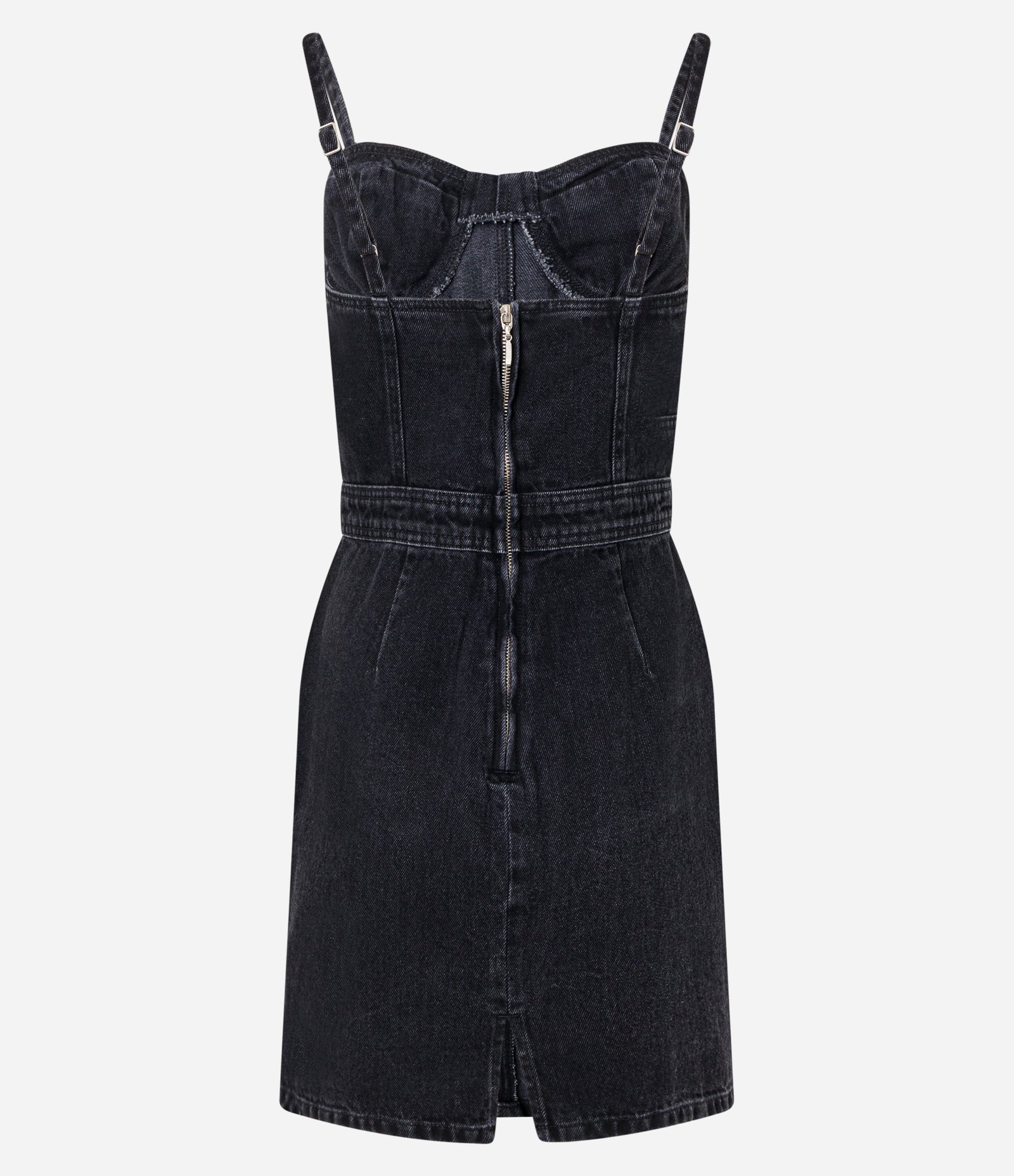 Vestido Curto em Jeans com Busto Corsetado e Zíper Preto 6
