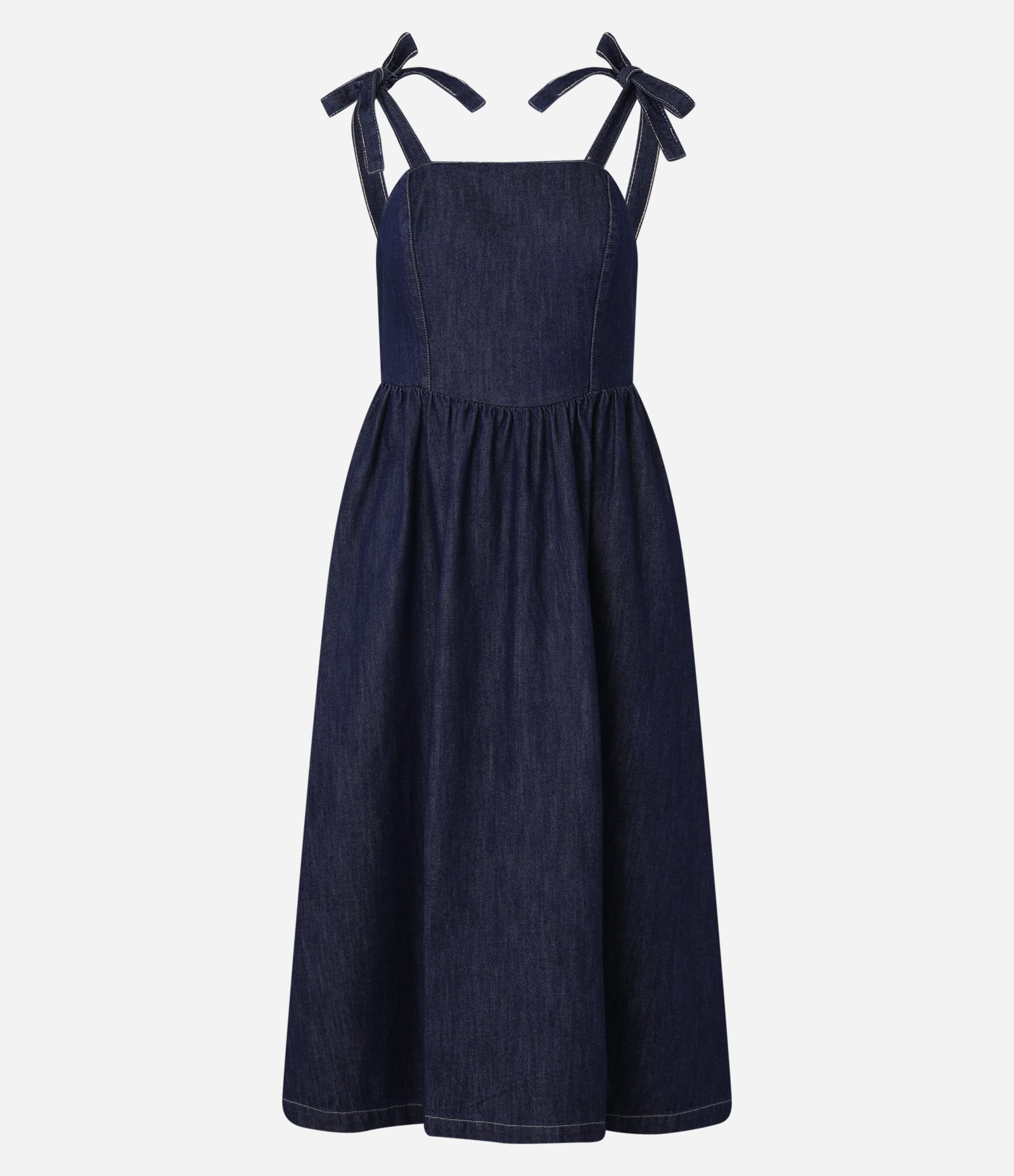 Vestido Midi em Jeans com Amarração nos Ombros e Lastex Azul 4