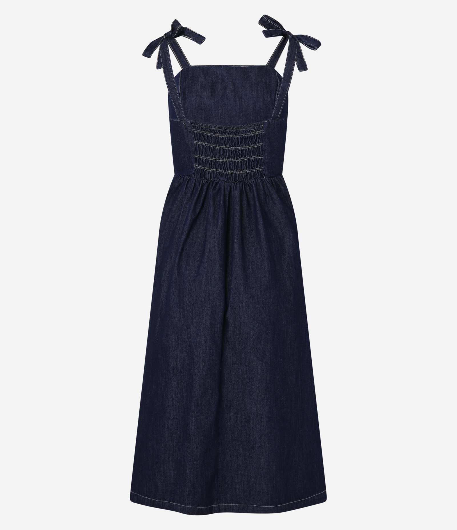 Vestido Midi em Jeans com Amarração nos Ombros e Lastex Azul 5