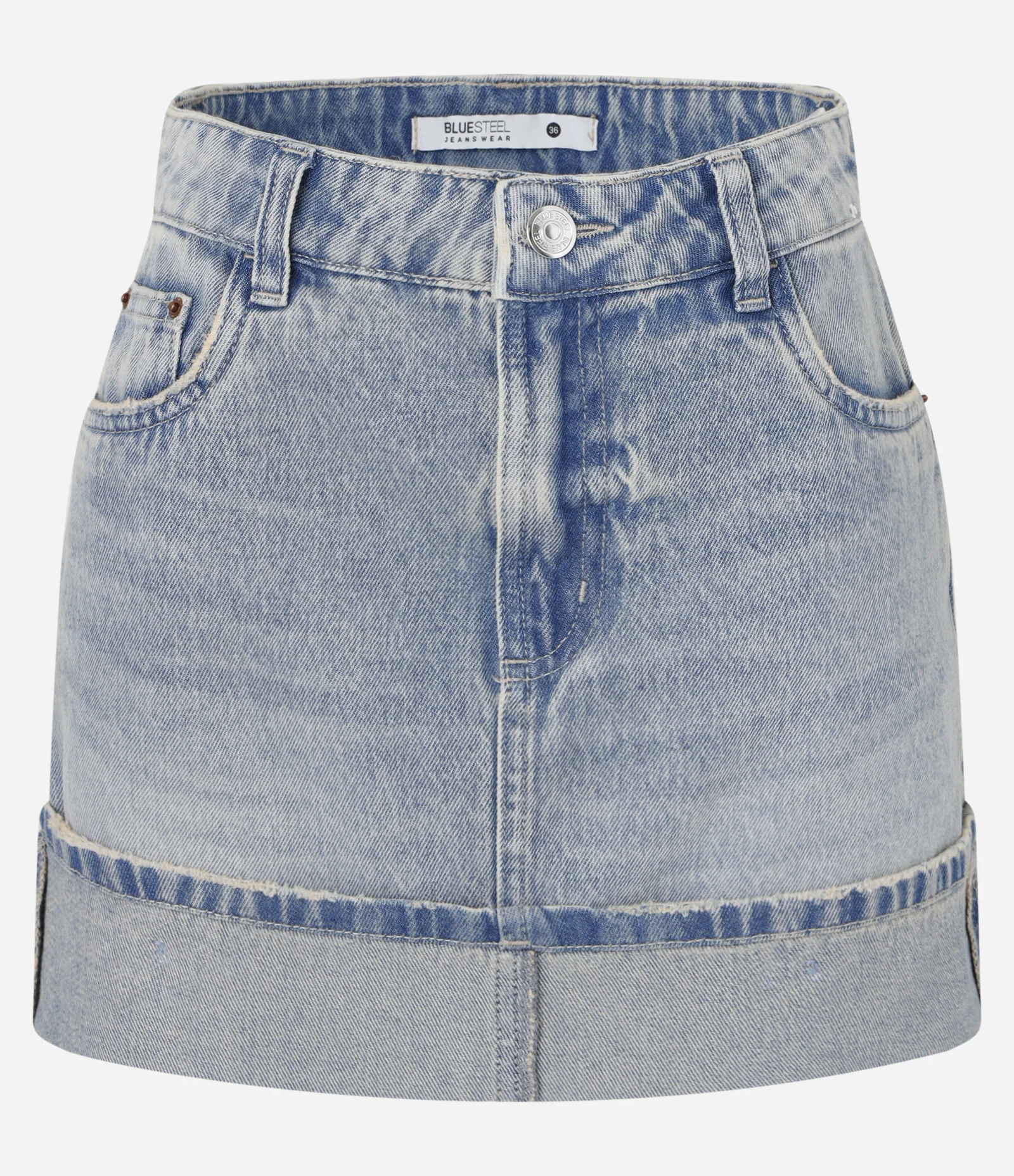 Saia Curta em Jeans com Cintura Média e Barra Dobrada Azul 1