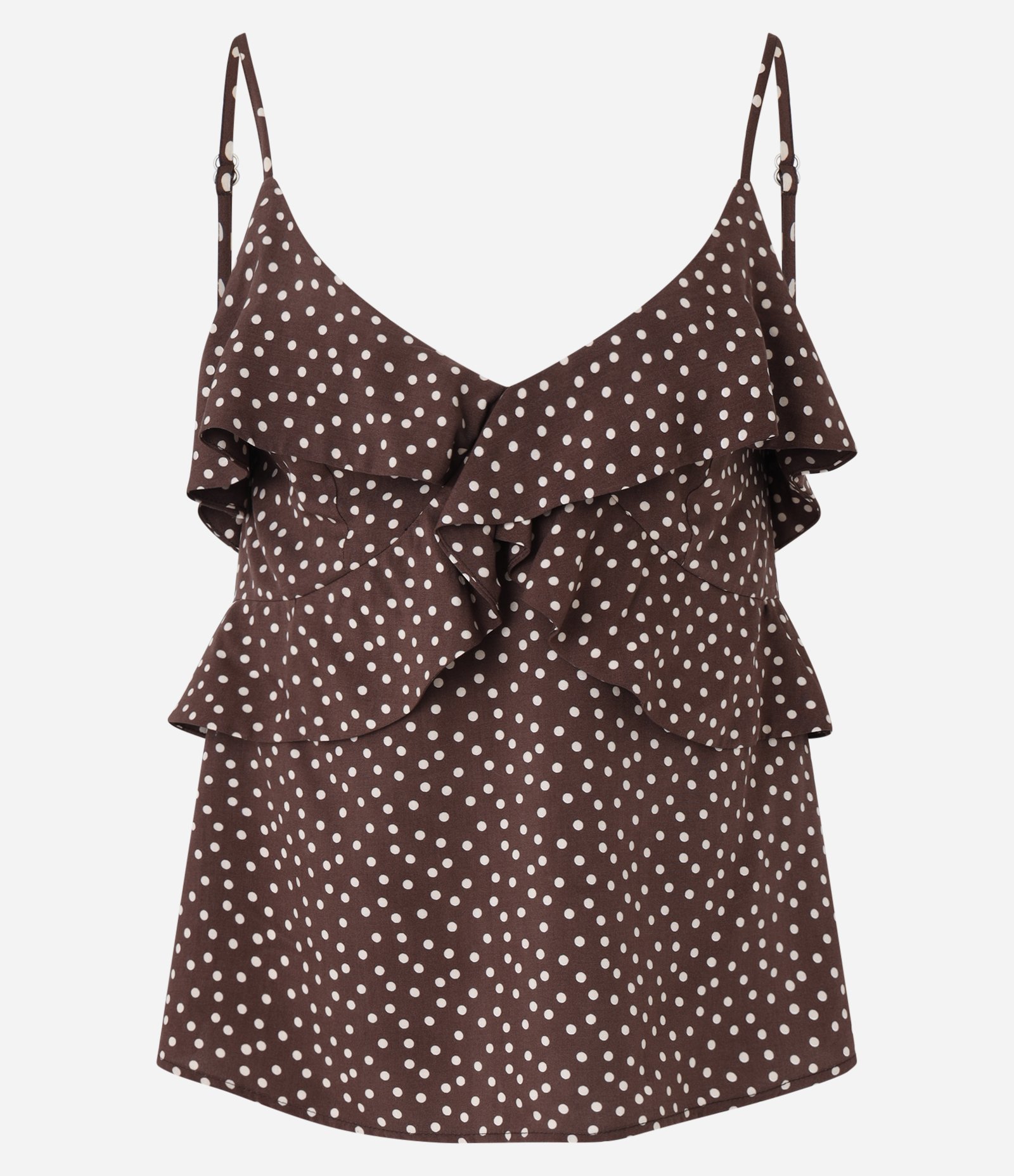 Blusa de Alça em Viscose com Babados e Estampa Poá Marrom 5