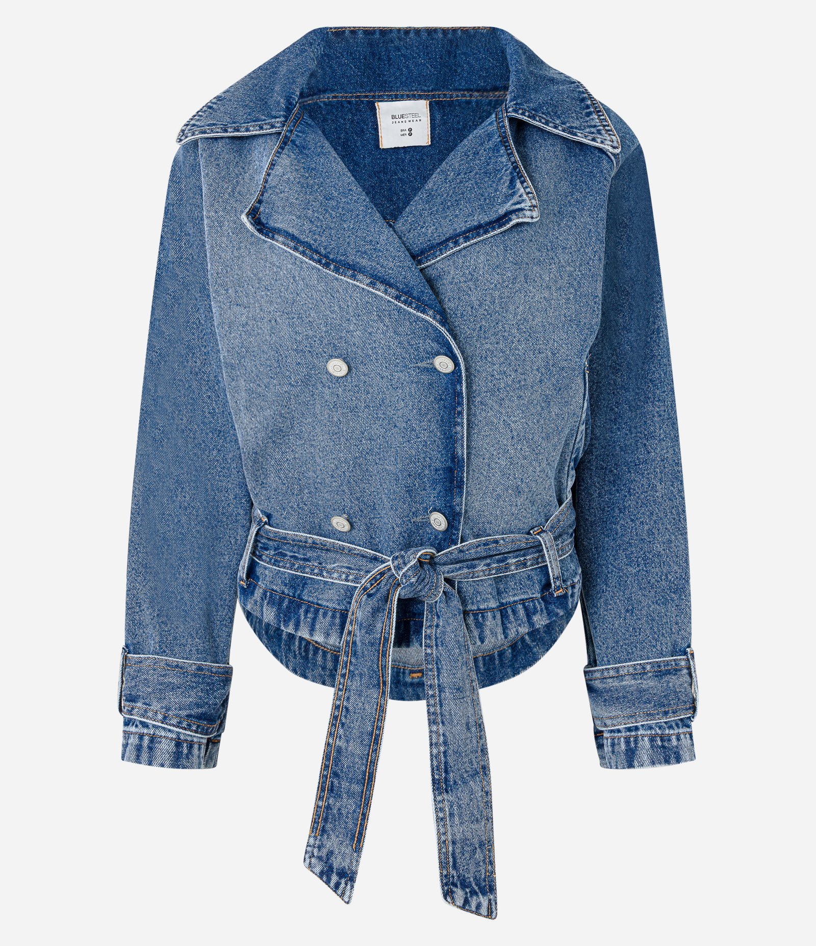 Jaqueta Trench Coat em Jeans com Botões e Amarração Azul 6