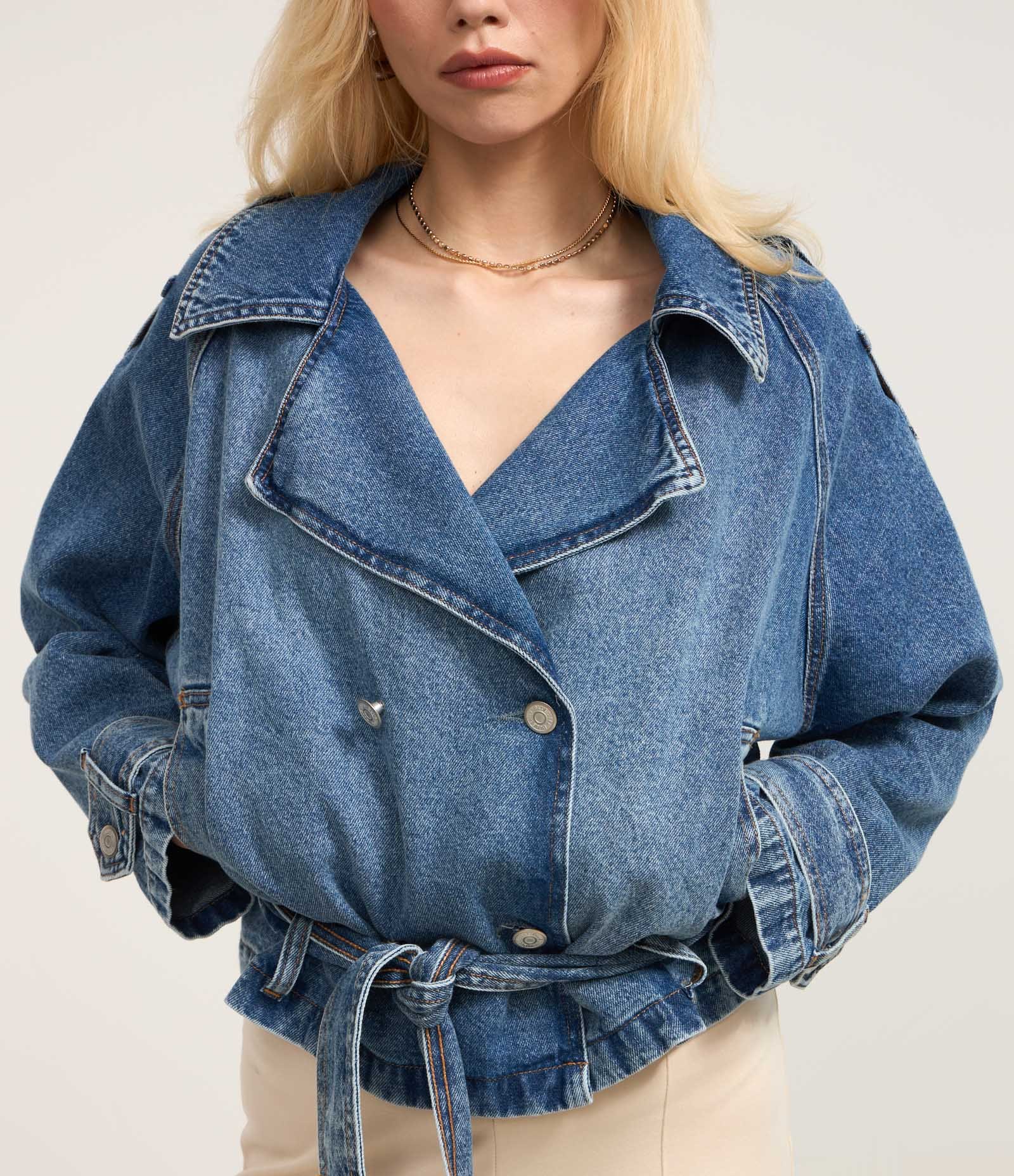 Jaqueta Trench Coat em Jeans com Botões e Amarração Azul 5