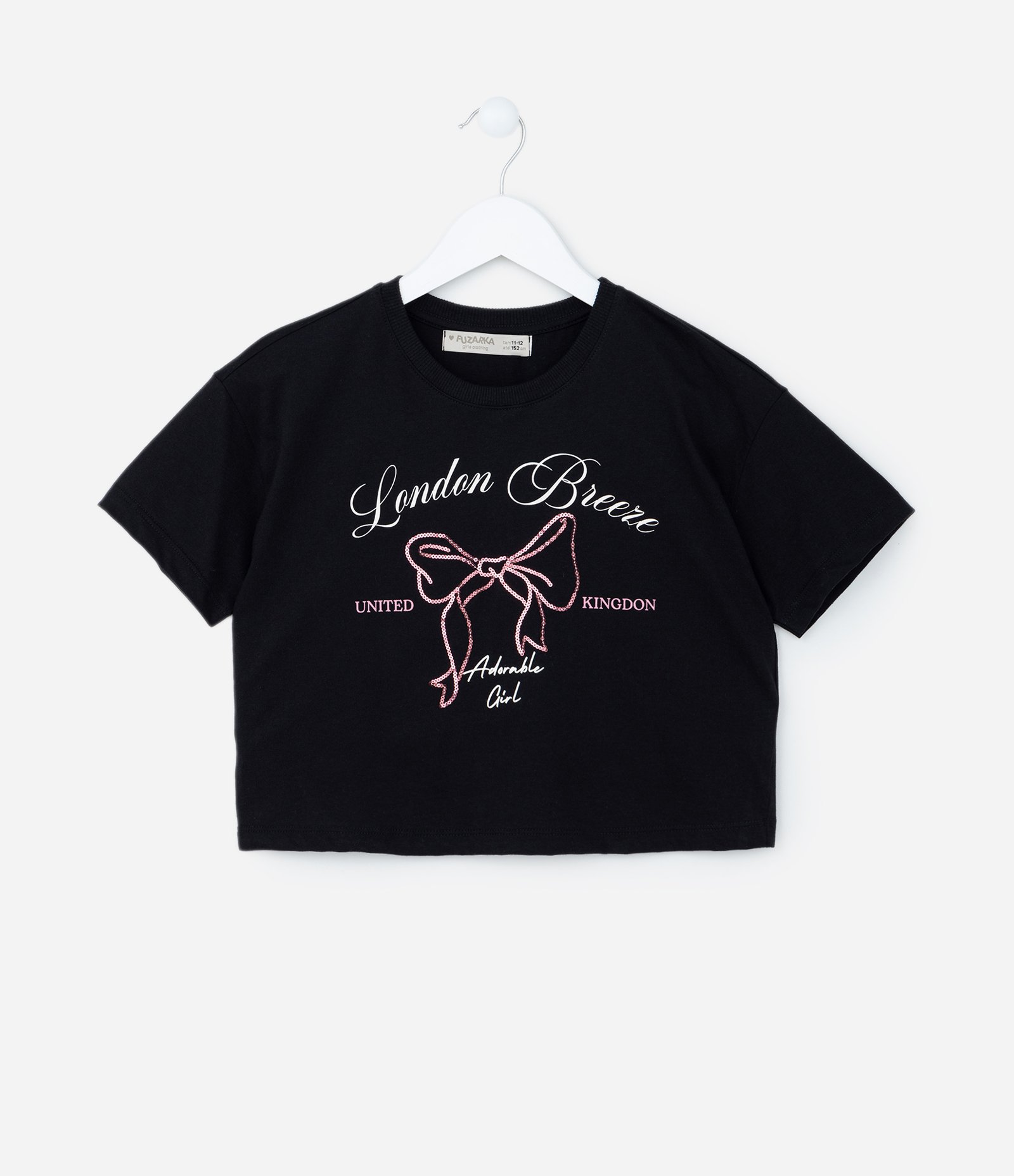 Camiseta Curta Infantil com Bordado em Paetê de Laço - Tam 5 a 14 Anos Preto 1