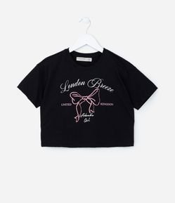 Camiseta Curta Infantil com Bordado em Paetê de Laço - Tam 5 a 14 Anos