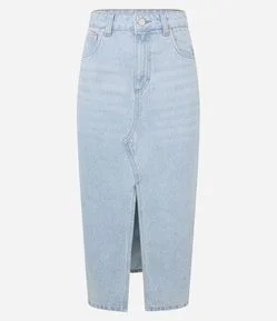 Saia Midi em Jeans com Recorte Assimétrico e Fenda