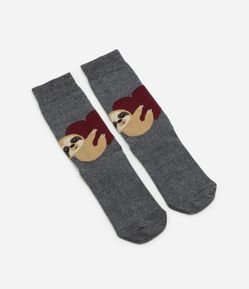 Meia Cano Alto em Algodão com Estampa Bicho Preguiça e Coração