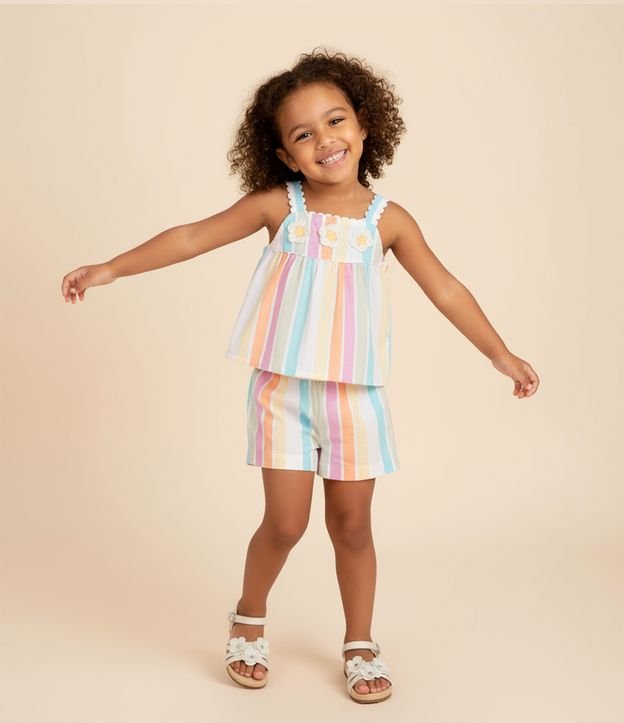 Conjunto Infantil de Listras com Aplicações de Crochê na Blusa  - Tam 1 a 5 Anos