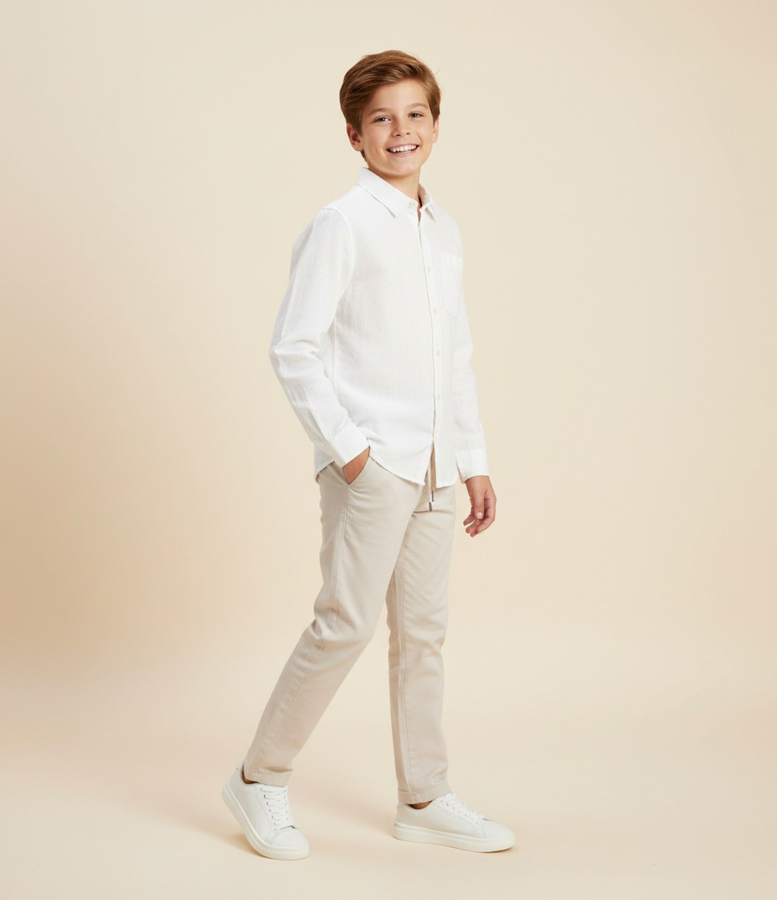 Camisa Infantil em Algodão com Linho Texturizada - Tam 5 a 14 Anos Branco 1