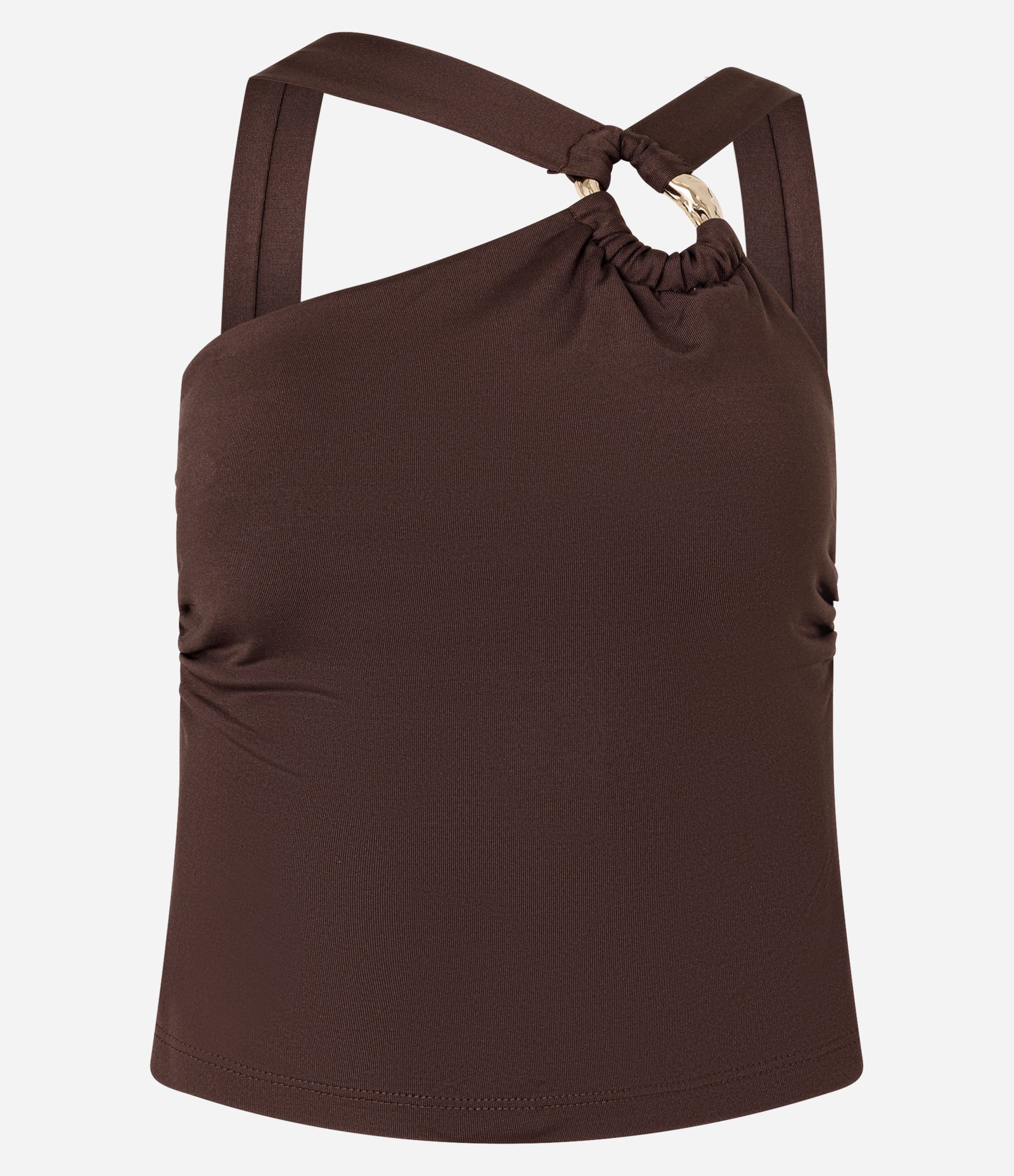 Blusa Cropped com Decote Assimétrico e Argola em Formato Orgânico Marrom 6