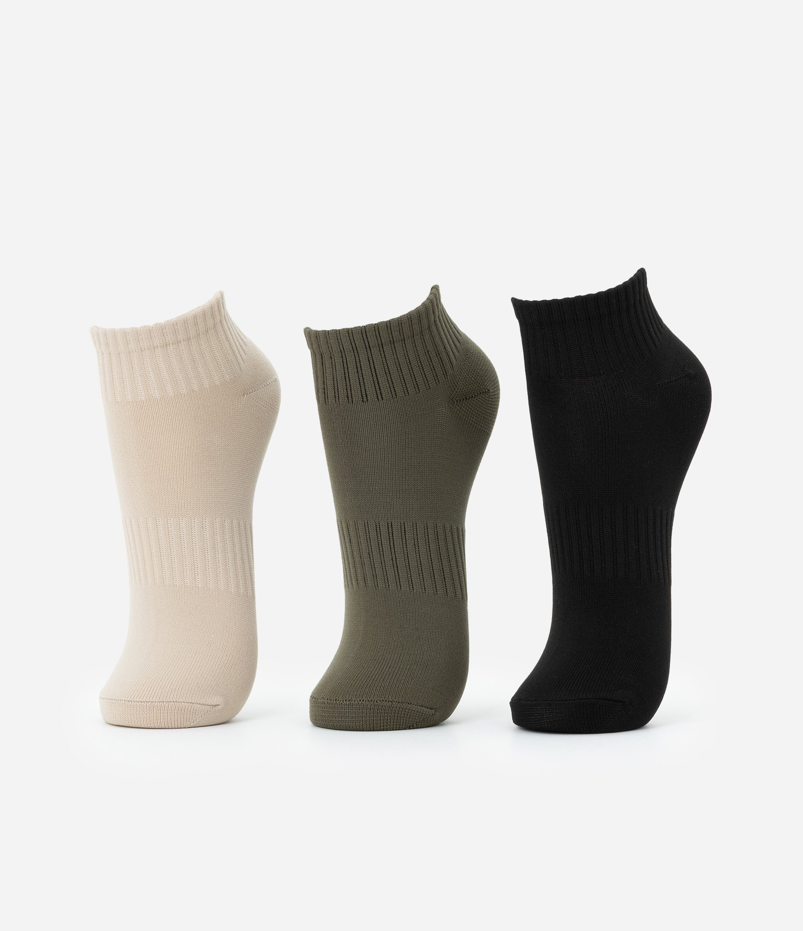 Kit 03 Meias Cano Baixo Esportivas em Poliamida Canelada Preto/Verde/Bege 1