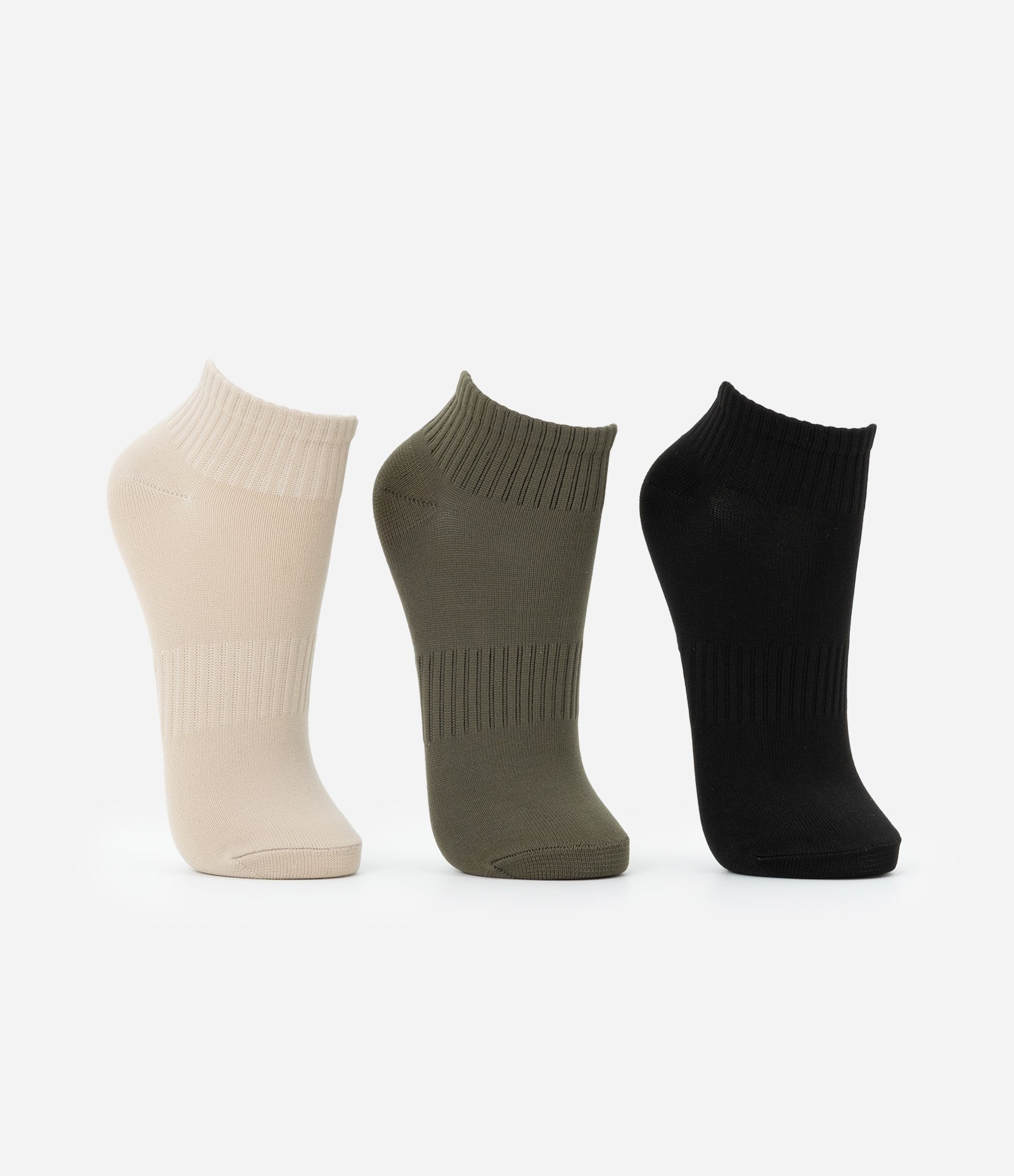 Kit 03 Meias Cano Baixo Esportivas em Poliamida Canelada Preto/Verde/Bege 2