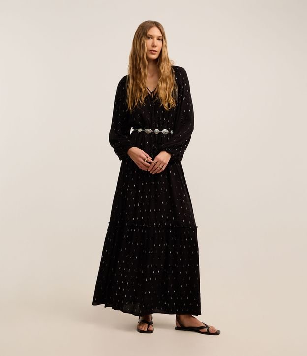 Vestido Evasê Midi em Viscose com com Detalhes COntrastantes