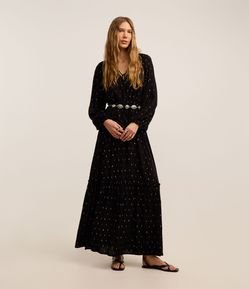 Vestido Evasê Midi em Viscose com com Detalhes COntrastantes