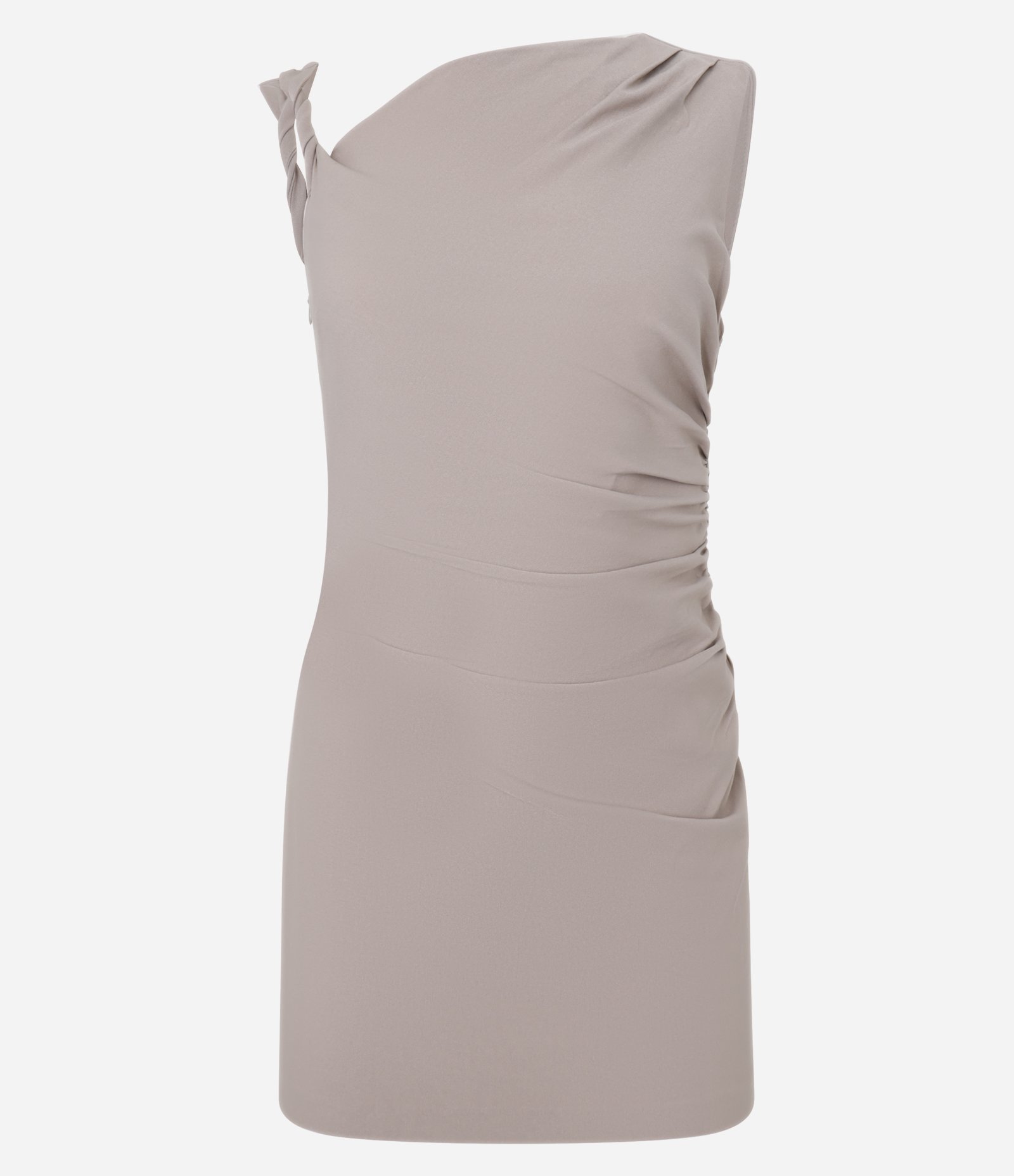 Vestido Curto em Bengaline com Decote Diferenciado e Alça Torcida Bege Acinzentado 6