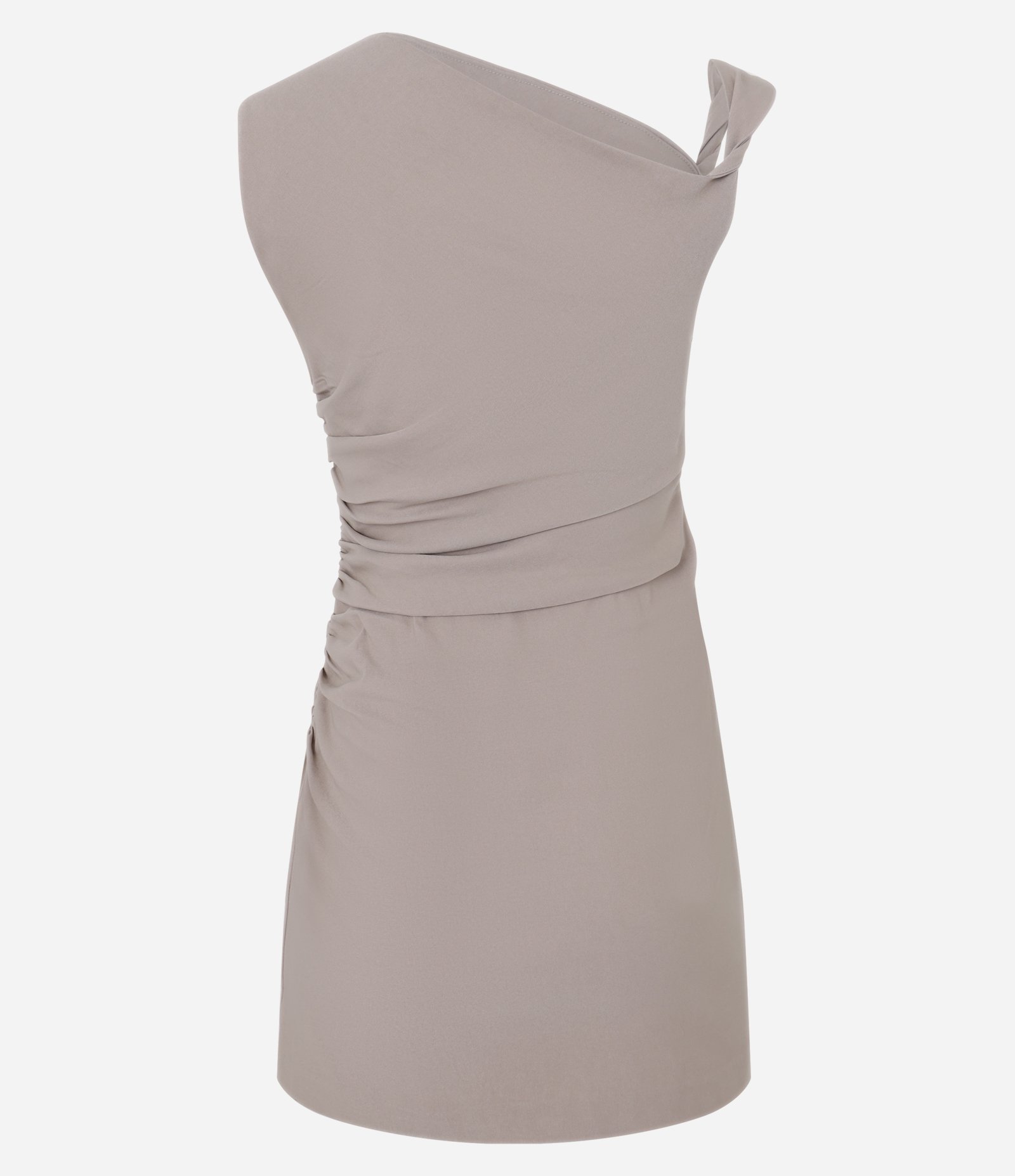 Vestido Curto em Bengaline com Decote Diferenciado e Alça Torcida Bege Acinzentado 7