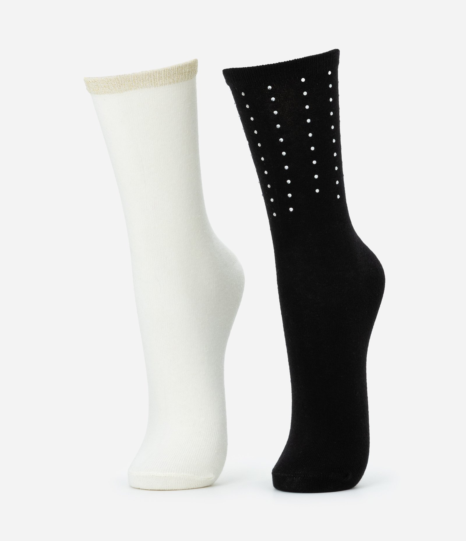 Kit 02 Meias Cano Alto em Algodão com Strass e Fio Metalizado Off White/Preto 1
