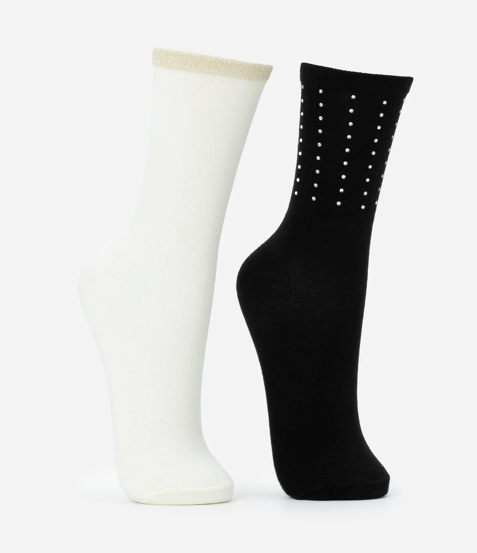 Kit 02 Meias Cano Alto em Algodão com Strass e Fio Metalizado Off White/Preto 2
