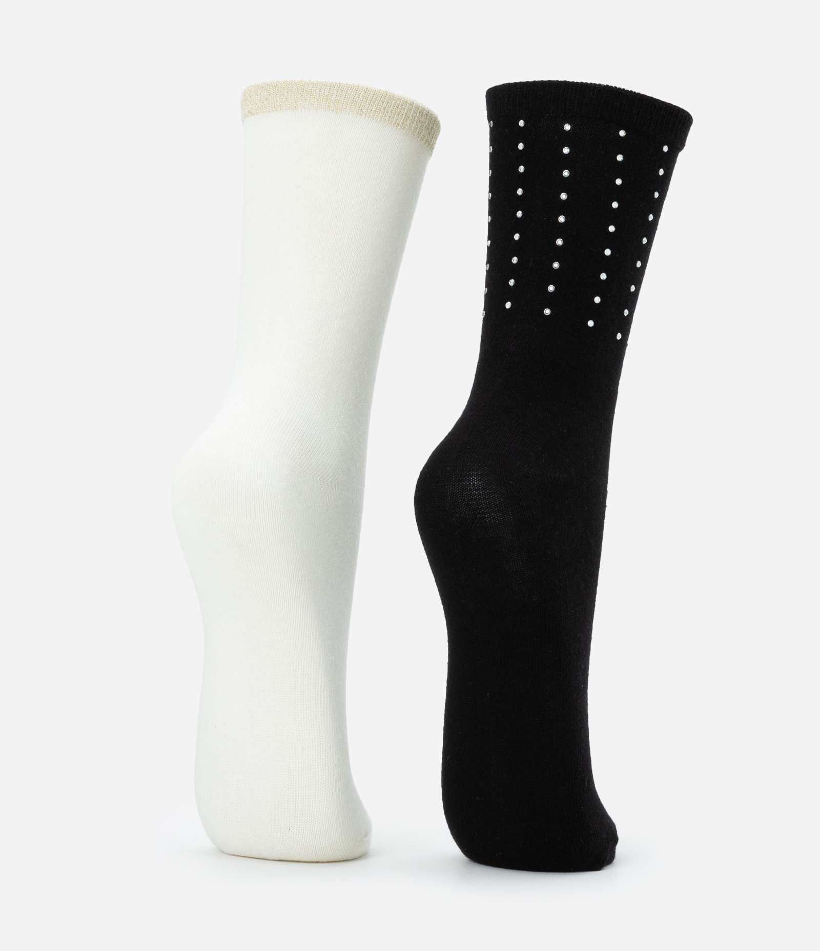 Kit 02 Meias Cano Alto em Algodão com Strass e Fio Metalizado Off White/Preto 3