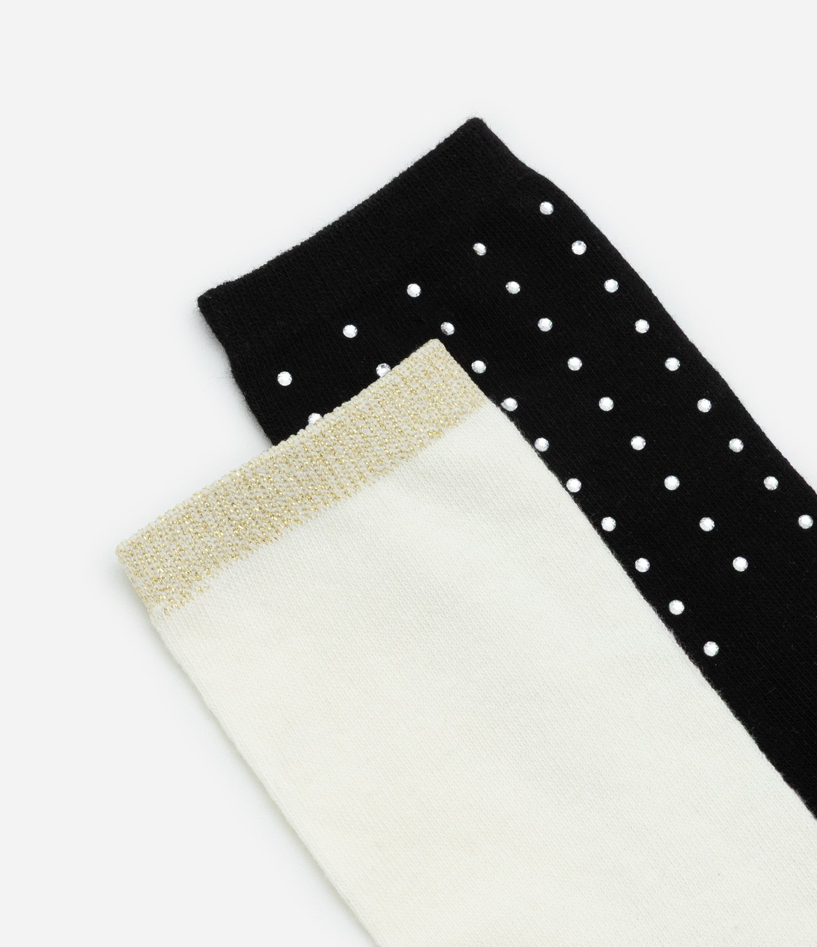 Kit 02 Meias Cano Alto em Algodão com Strass e Fio Metalizado Off White/Preto 4