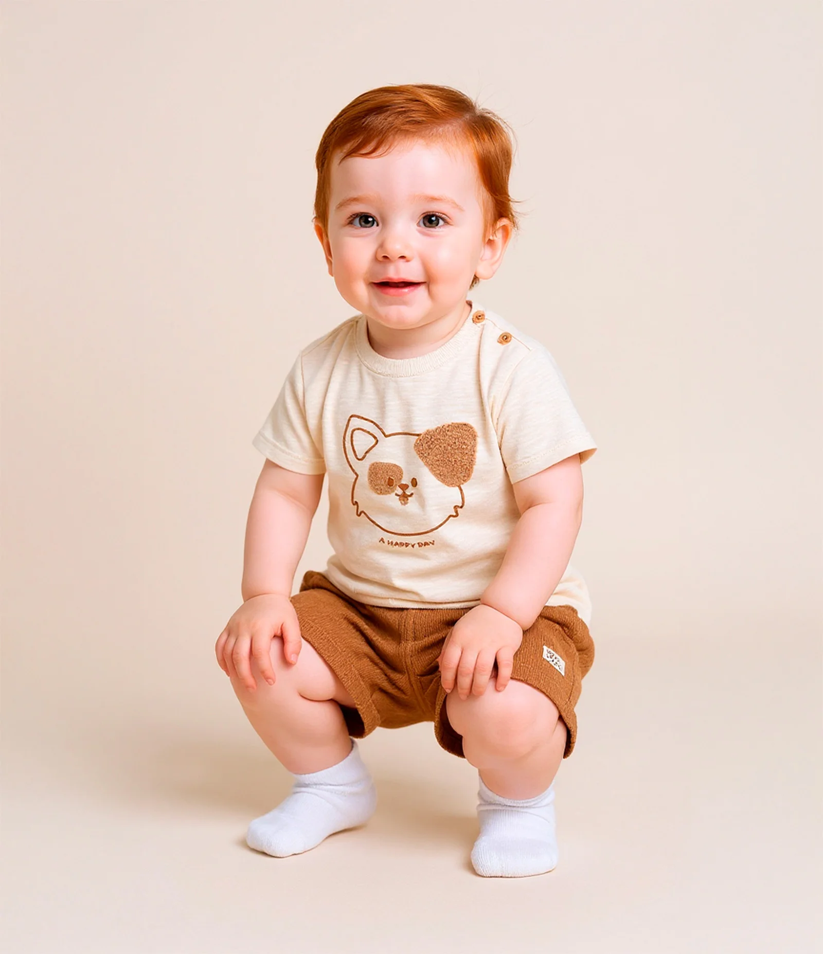 Conjunto Infantil Texturizado com Estampa Cachorrinho - Tam 0 a 18 meses Bege/Marrom 2