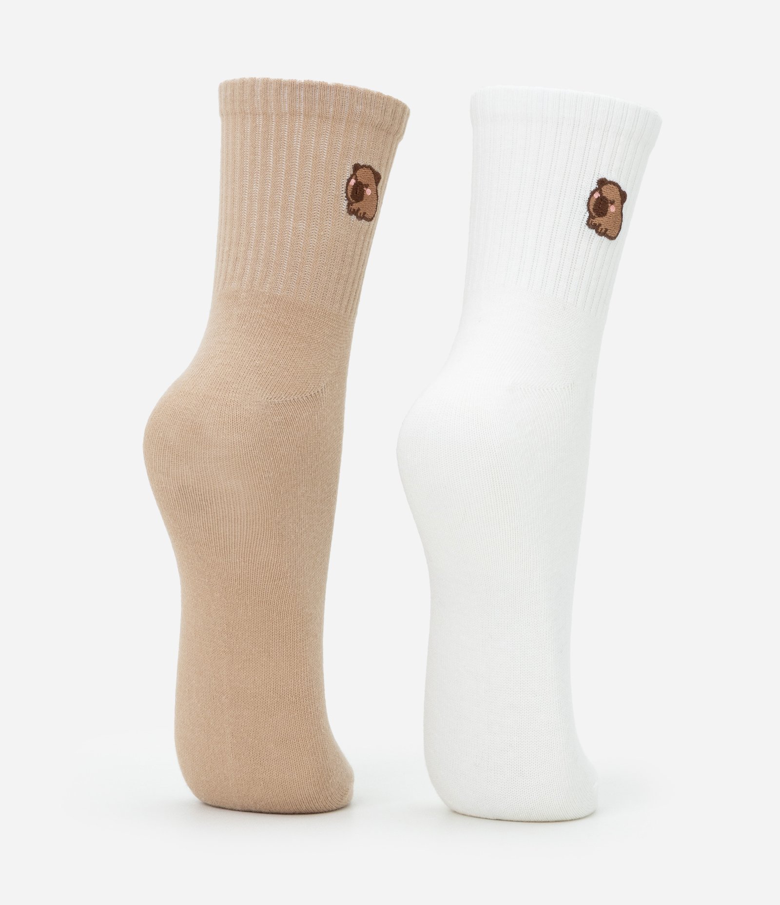 Kit 02 Meias Cano Médio em Algodão com Mini Bordado Capivara Branco/Marrom 3